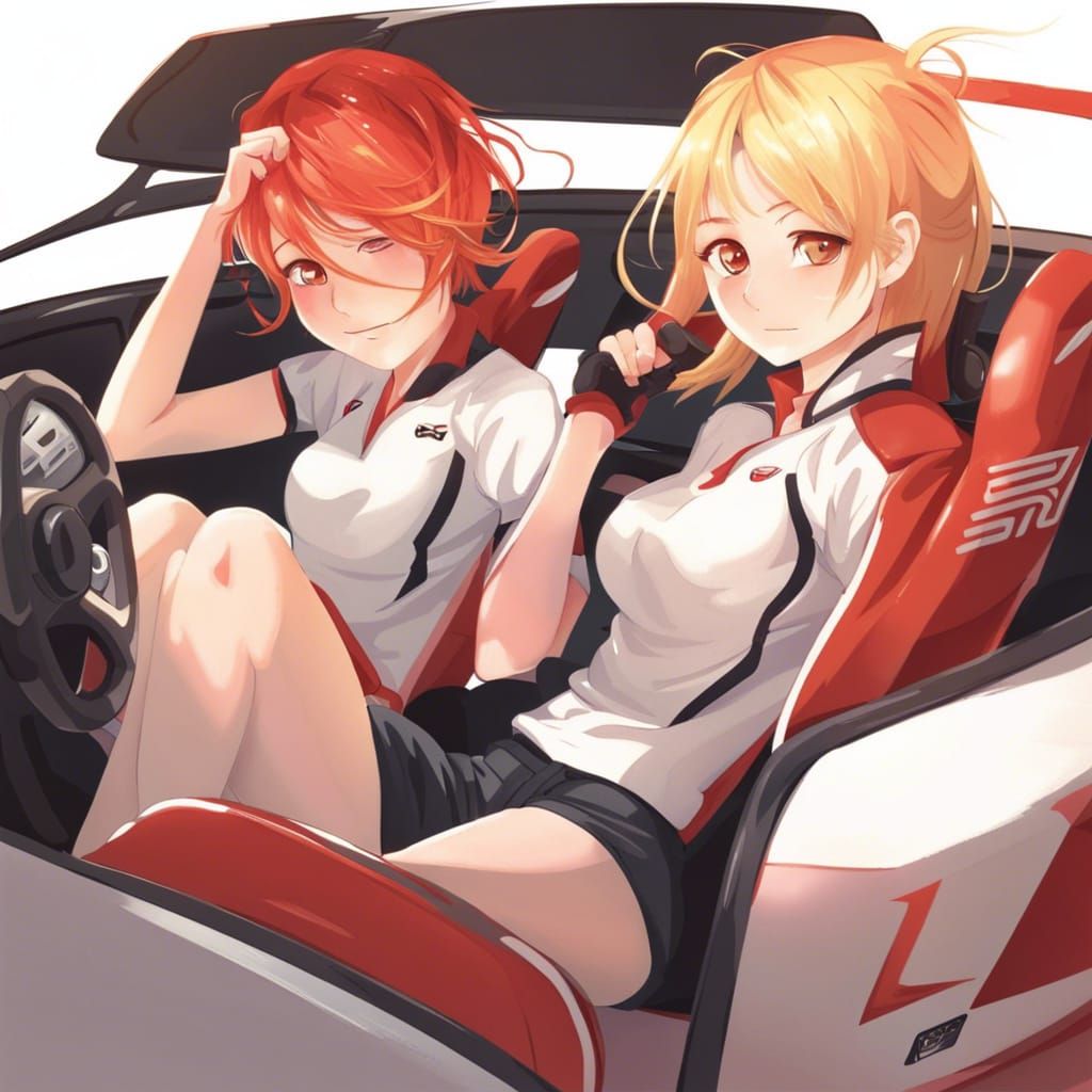 Anime Style: Redhead and Blonde in Sports Car