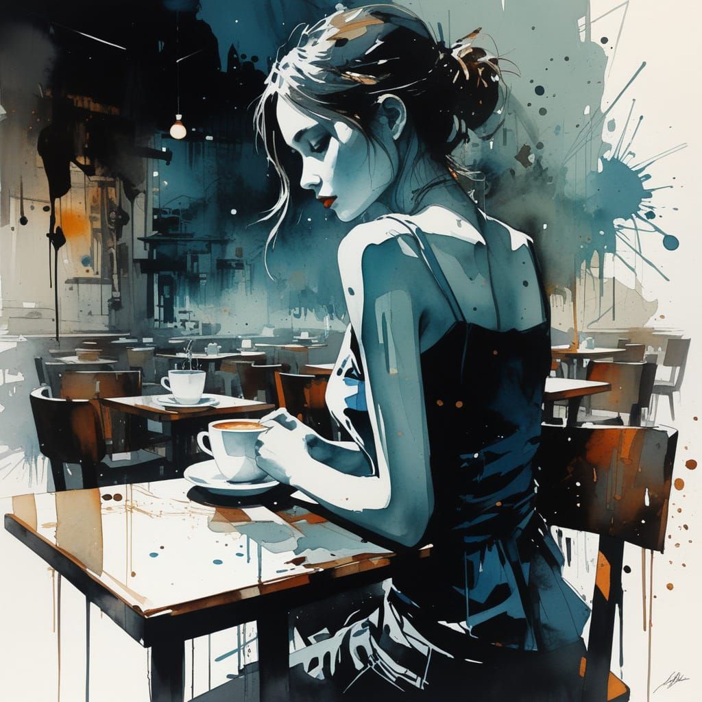 Watercolor Gouache Abstract Painting of Enchanted Cafés