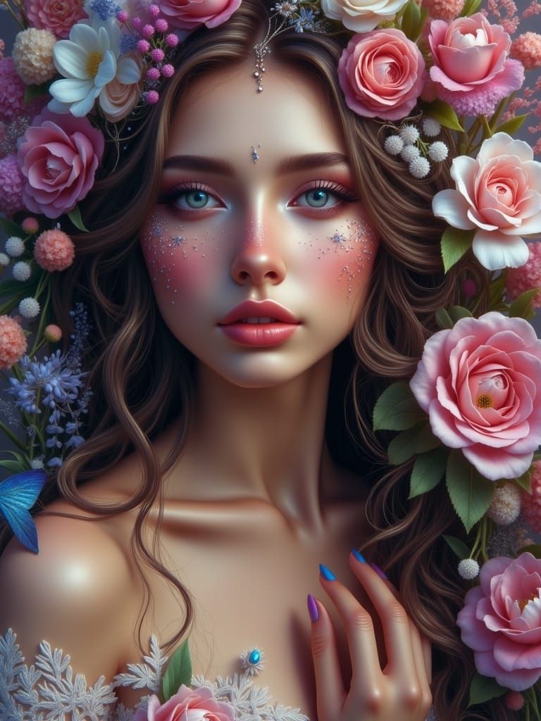 Goddess in Flower Field: Hyper-Realistic Portrait