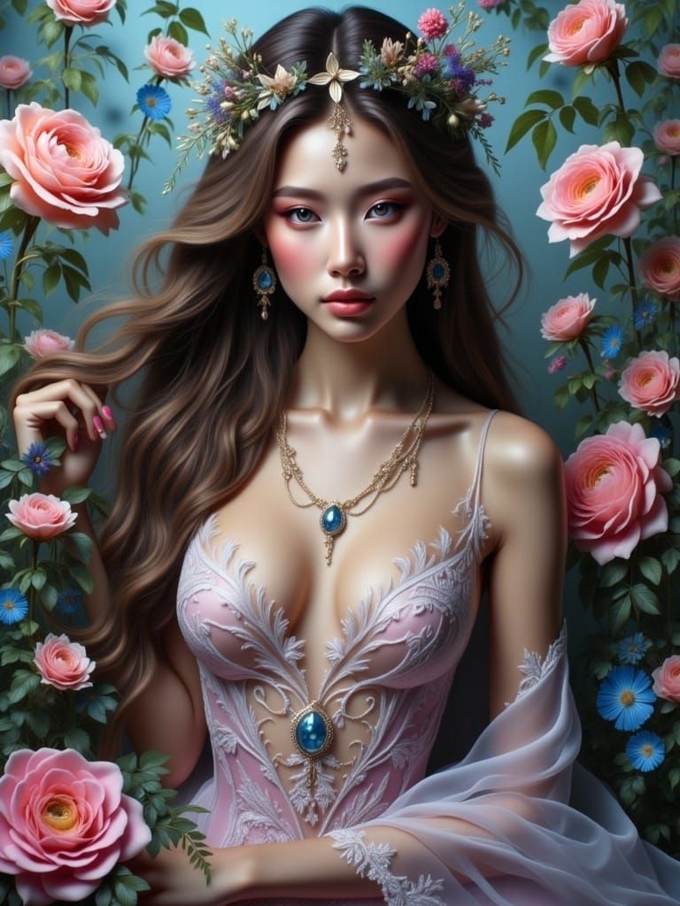 Dreamlike Woman in Flower Field Portrait