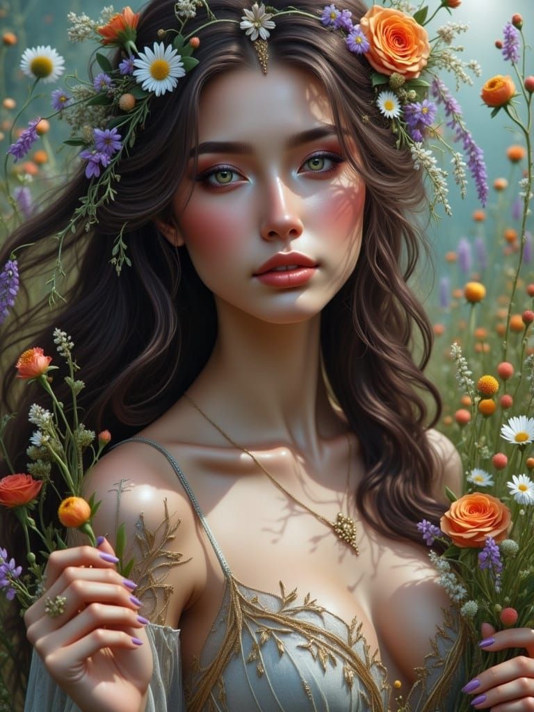 Goddess in Wildflowers: Oil Painting Portrait