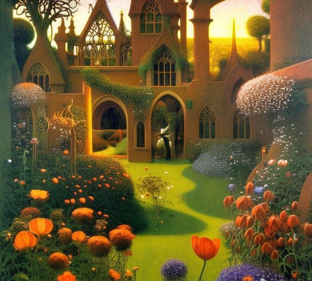 Exquisite Sunrise Garden with Wildflowers and Gothic Archway...