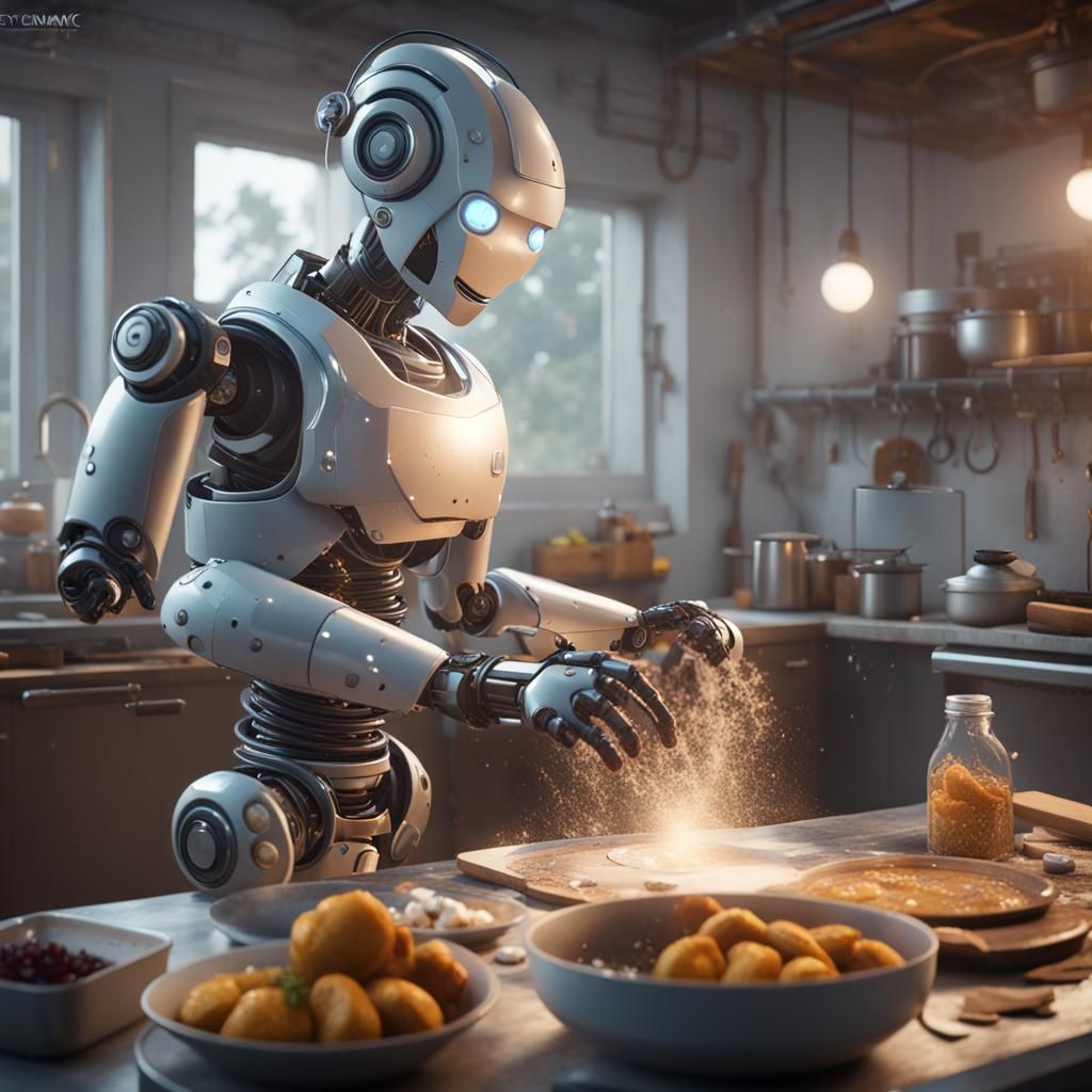 Robot Cyborg Cooking in 3D Cinematic Style