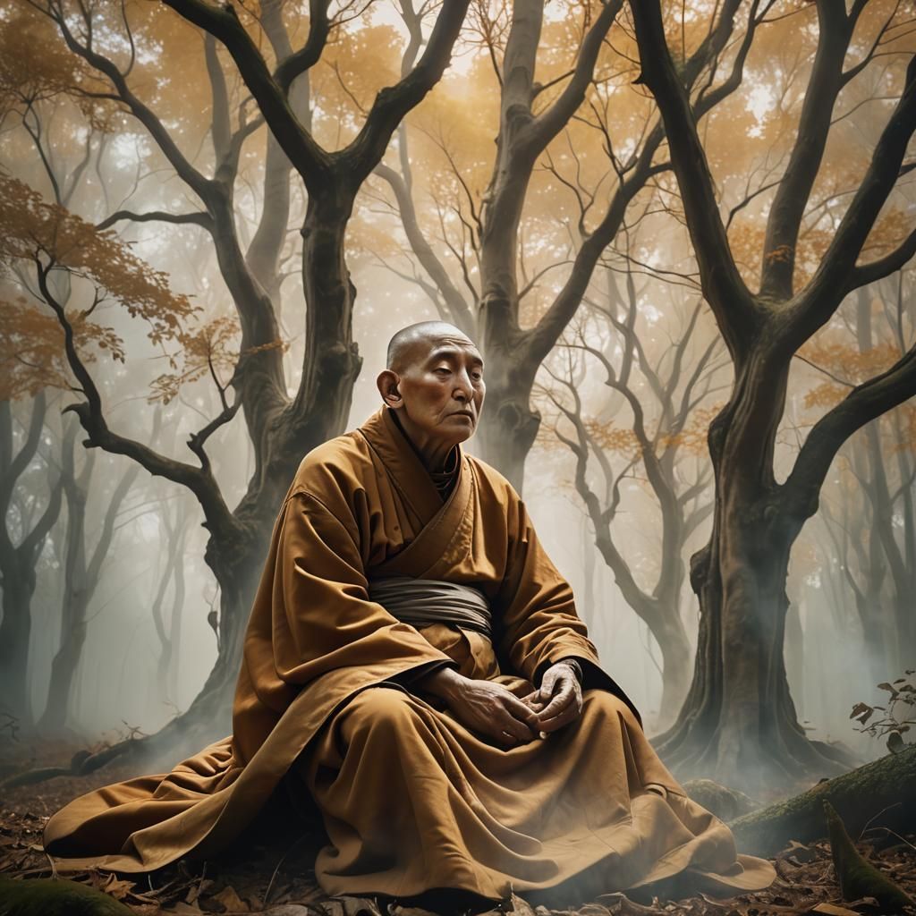 Monk Meditating in Mystical Forest: Surrealist Oil Painting