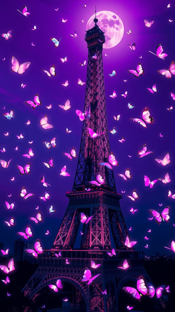 Eiffel Tower with Purple Butterflies in Klimt Style