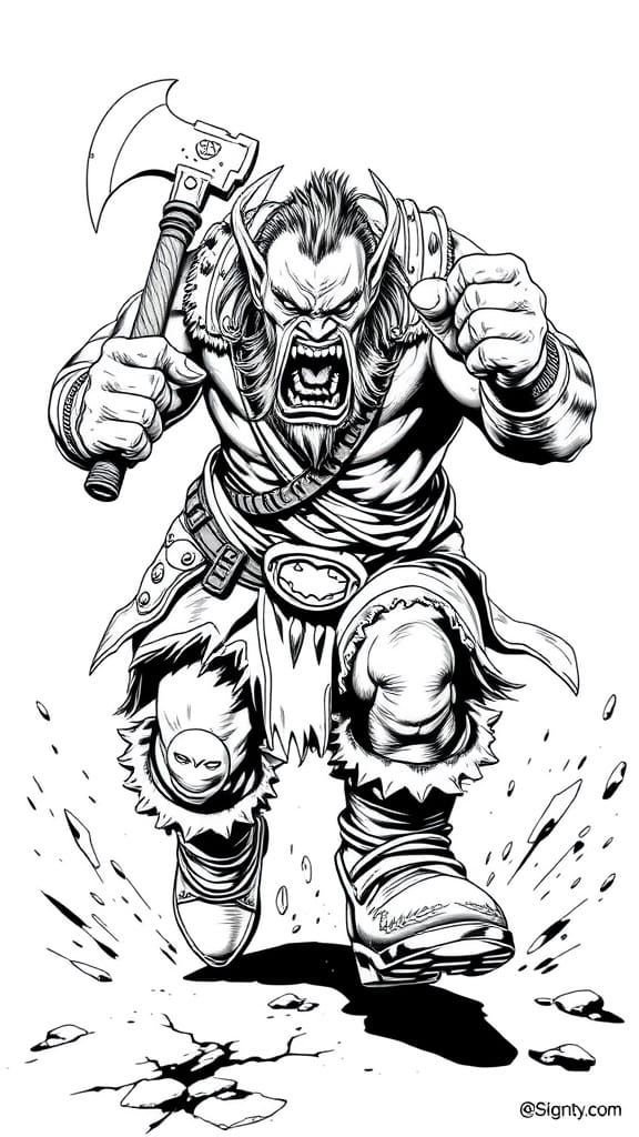 Orc Warrior Charging in Black and White Line Art