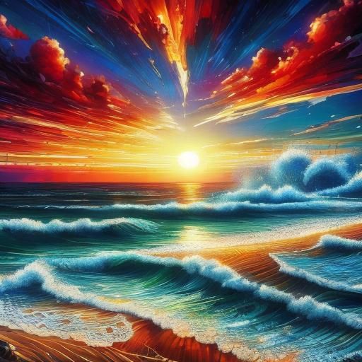 Rainbow Ocean Sunset Beach in Detailed Matte Painting Style