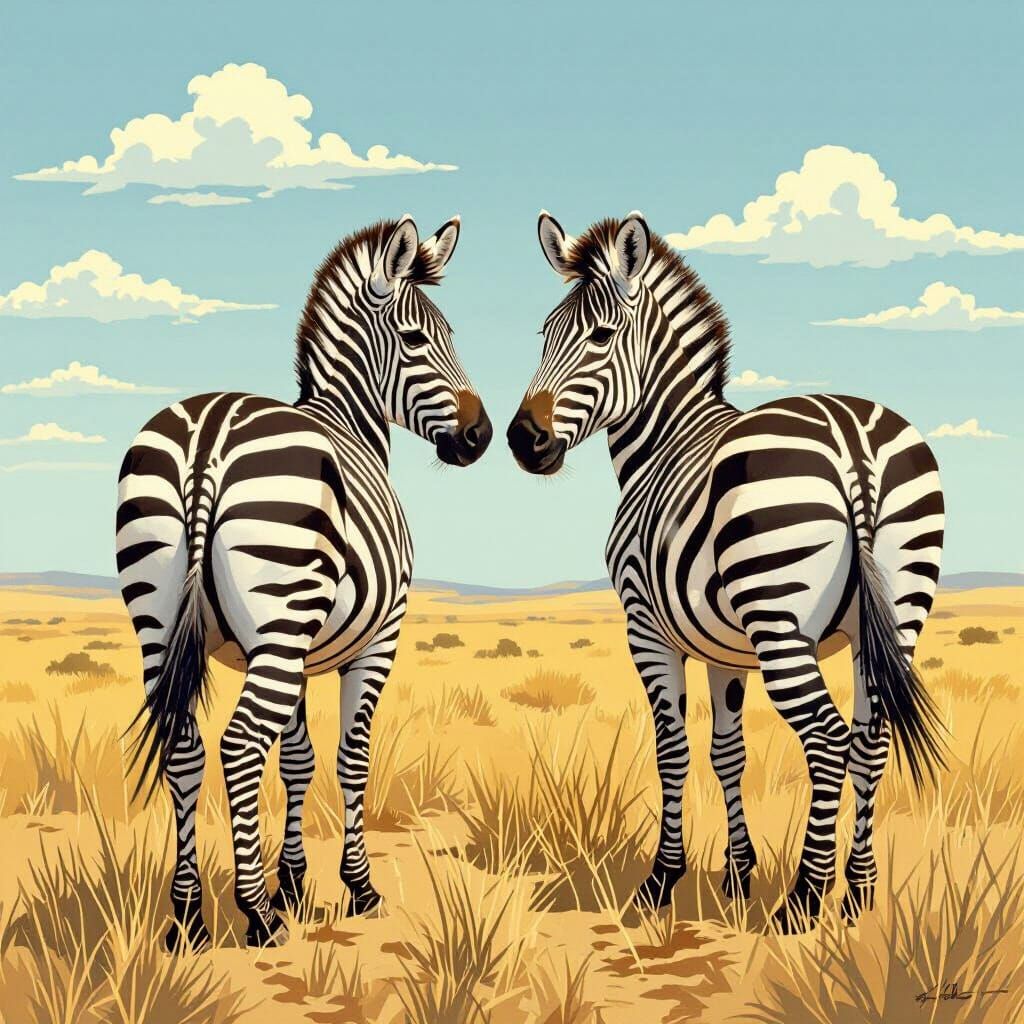 Two Zebras in Savanna Grass, Vintage Wildlife Art Style