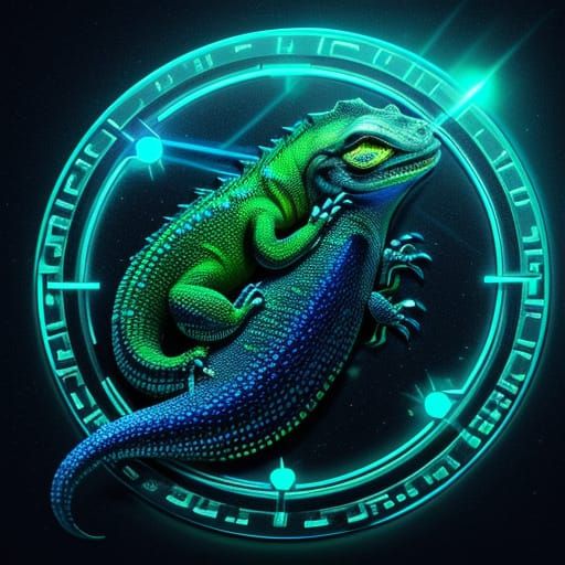 Cybernetic Gecko Perched on Coin: Crypto Art