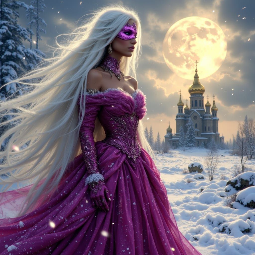 Siberian Princess in Magenta Gown Under Full Moon
