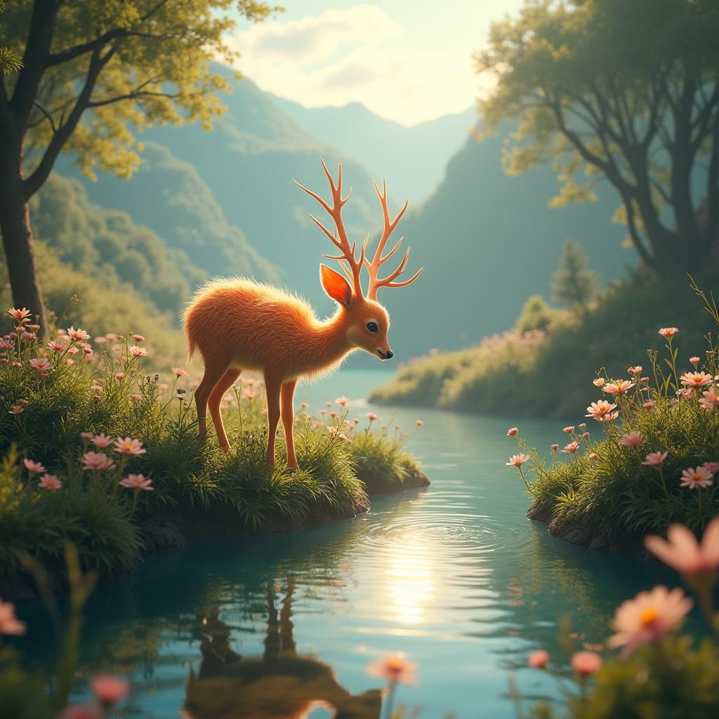 Luminous Fawn Sipping Water in Enchanted Forest