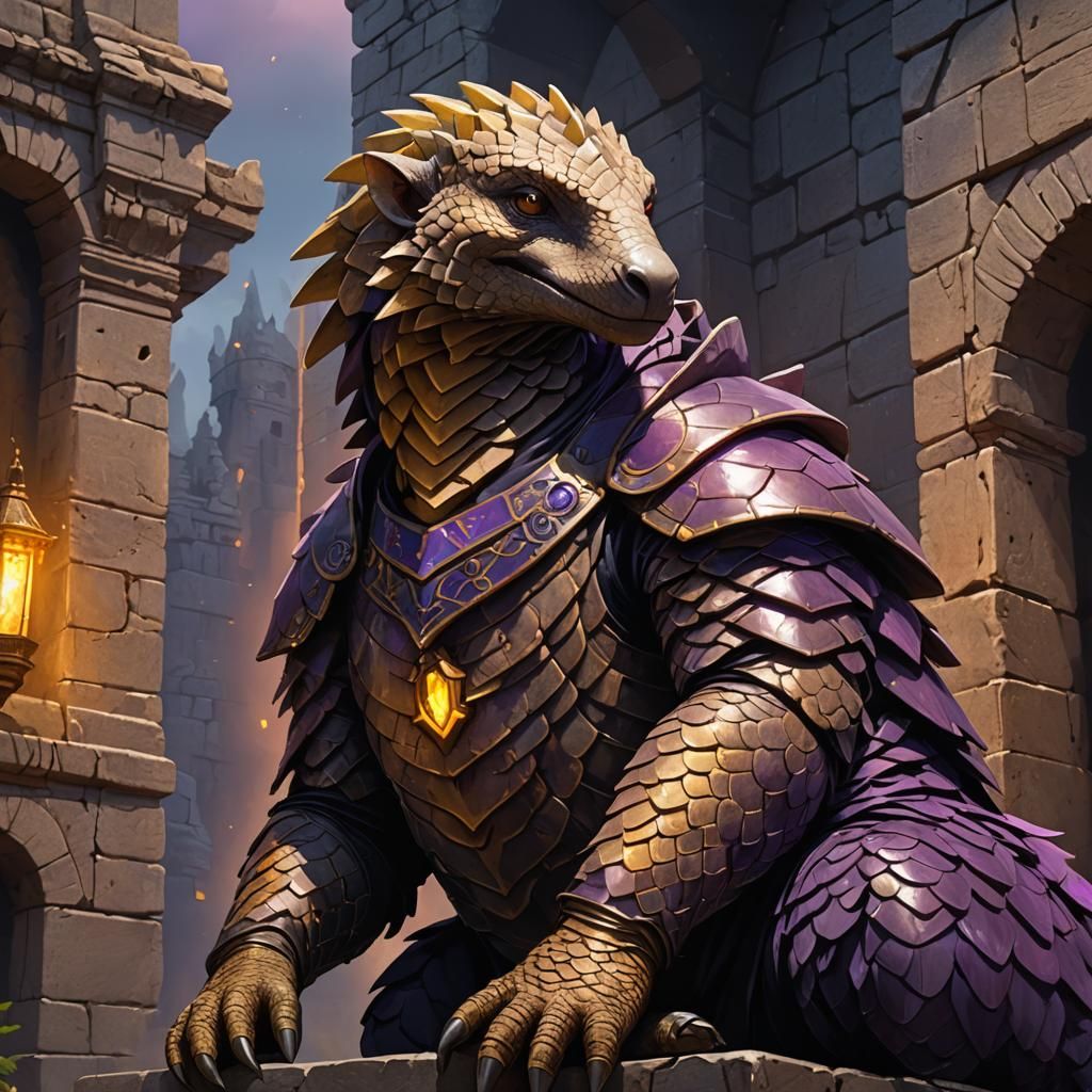 Pangolin God on Ancient Ruins in Dark Fantasy Style