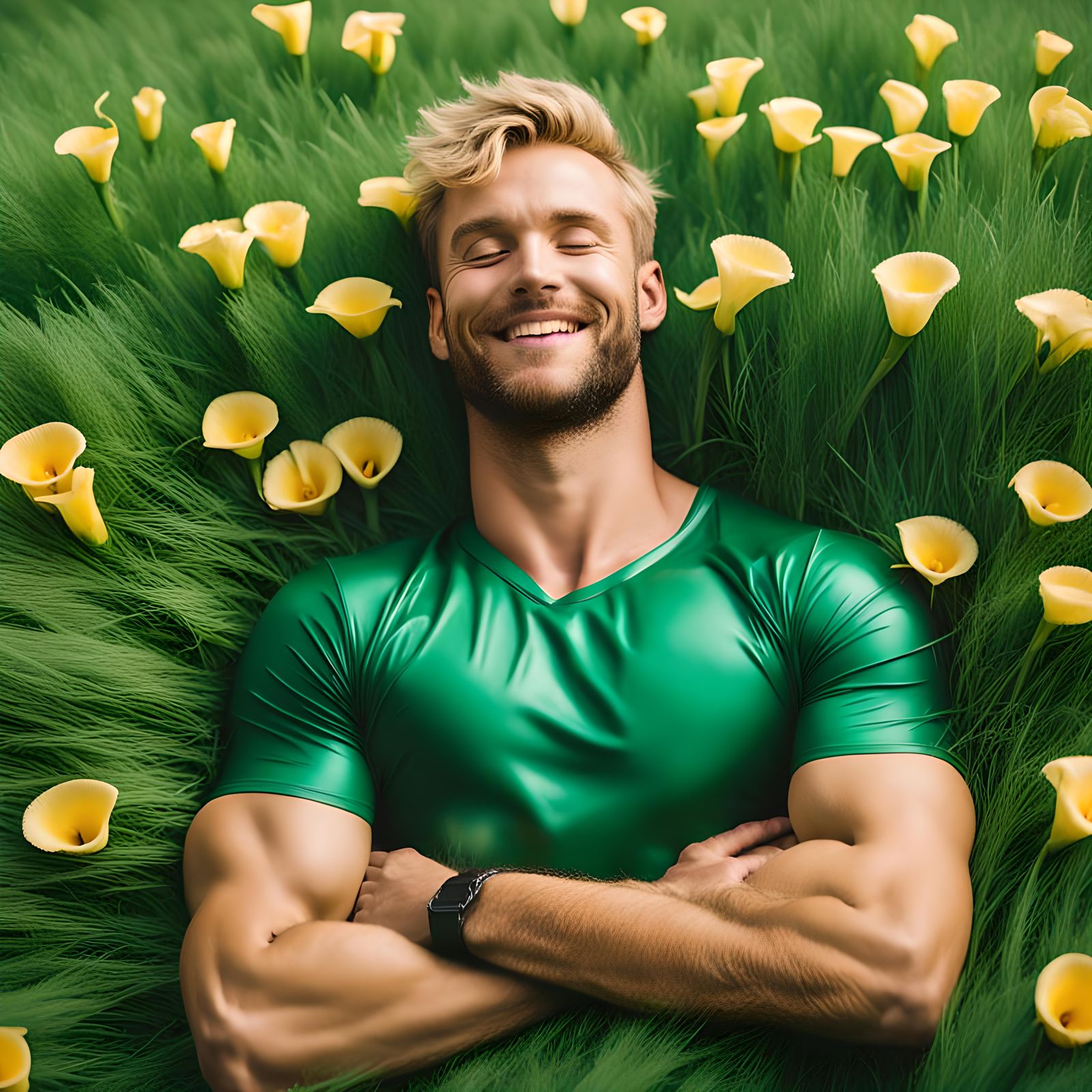 Handsome Man in Green Latex with Calla Lilies