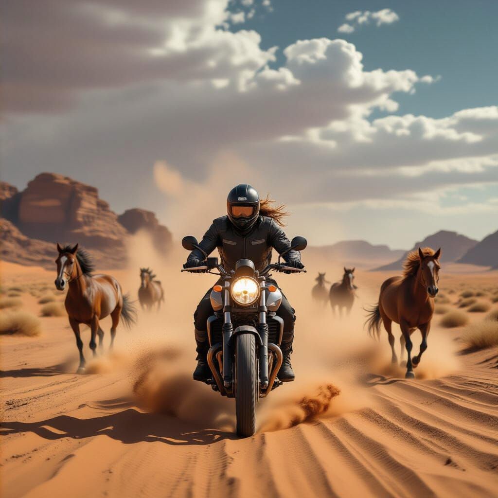 Lone Biker in Sandstorm, Wild Horses Charging