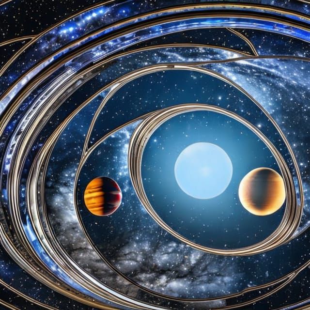 stained glass window of planets and galaxy