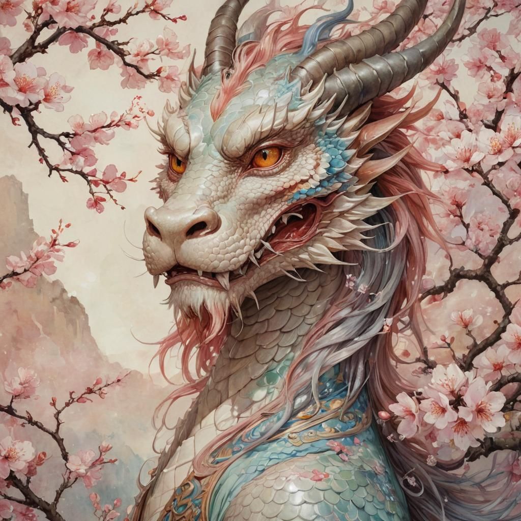 Watercolor Dragon Portrait with Cherry Blossoms