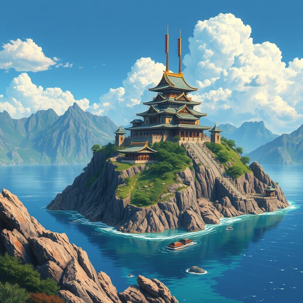 Samurai Castle on Mountain Island in Ocean