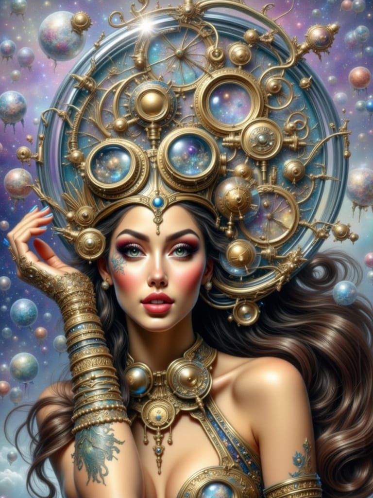 Steam Punk Lady in a Shimmering Glass Dome with Gears and Go...