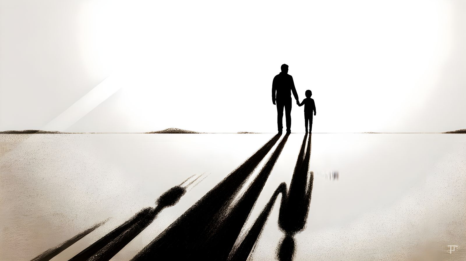 Father and Son Stand Together in a Serene Charcoal Landscape