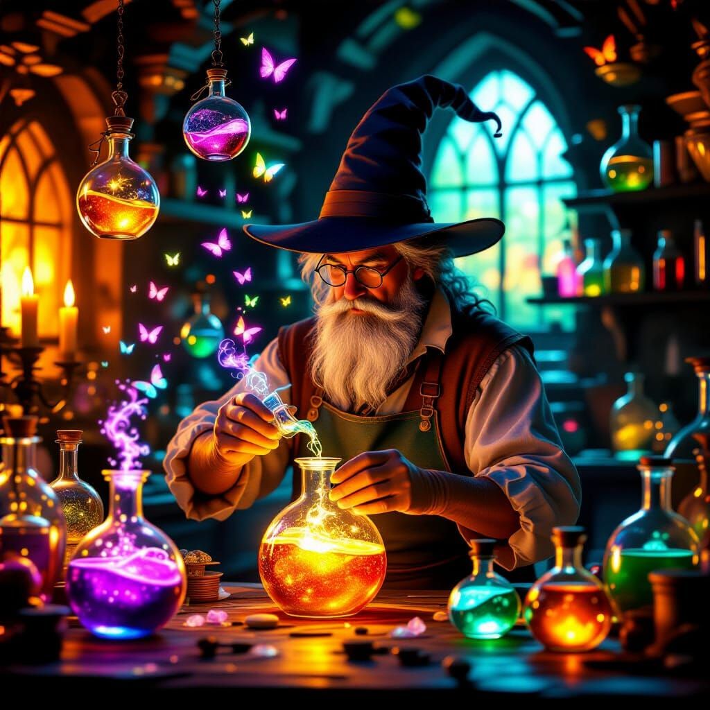 Whimsical Alchemist in Magical Lab with Floating Potions