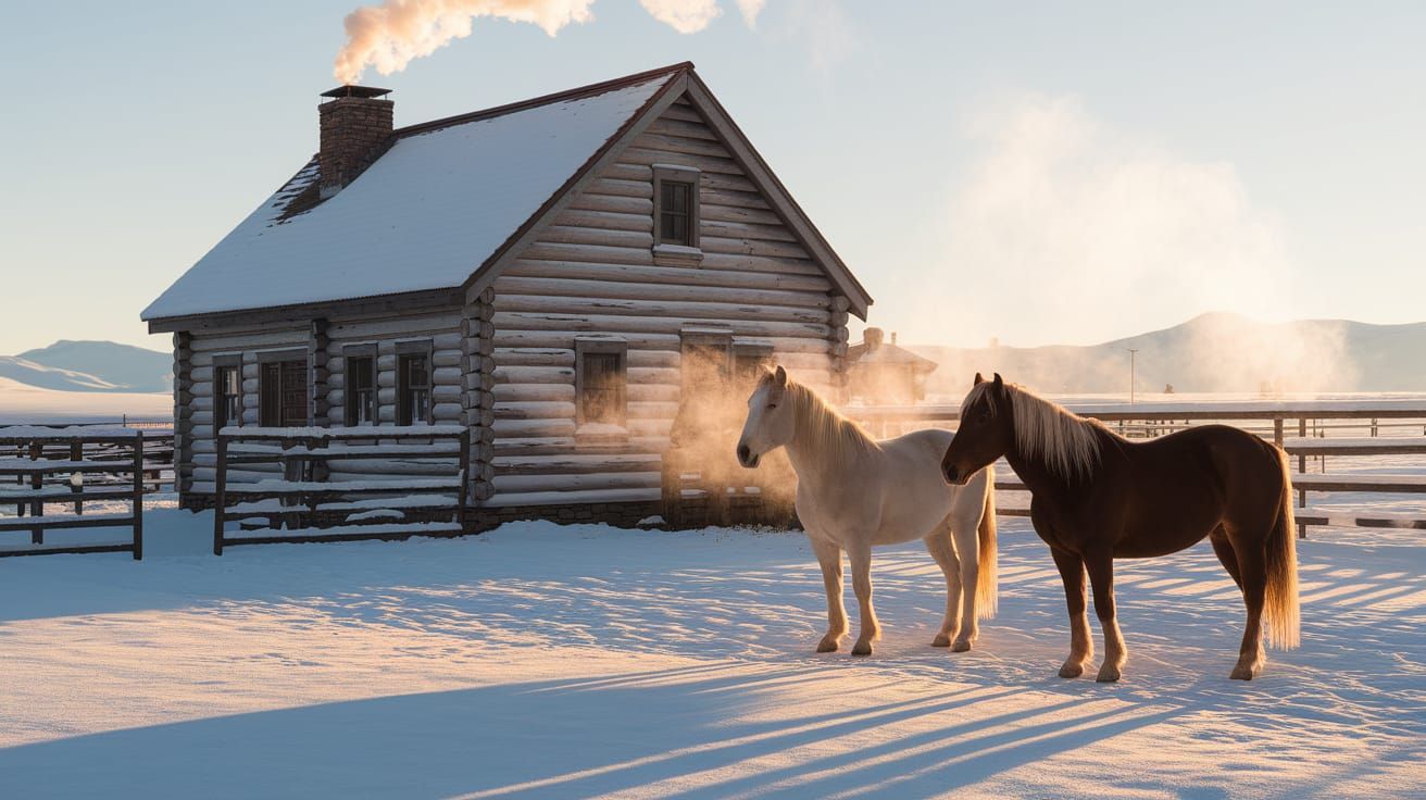 Winter Ranch with Horses and Log House