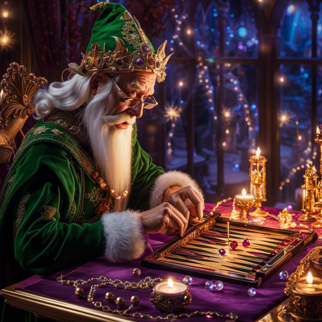 Noble Elf Playing Backgammon with Fairy Lights