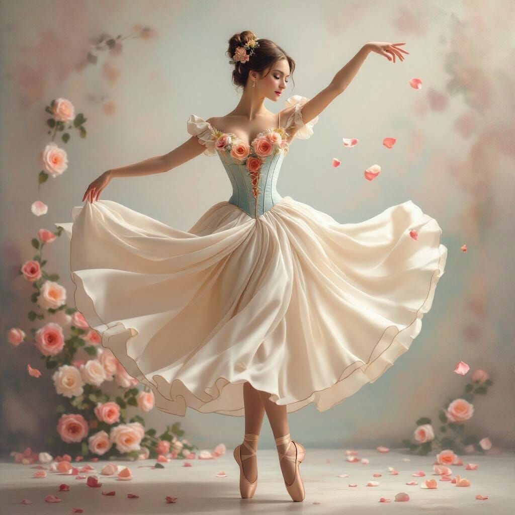 Ballerina in Floral Dress, Romantic Ethereal Digital Paintin...