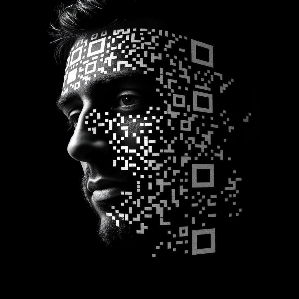 Digital Man in Dark Black Background Made of QR Codes