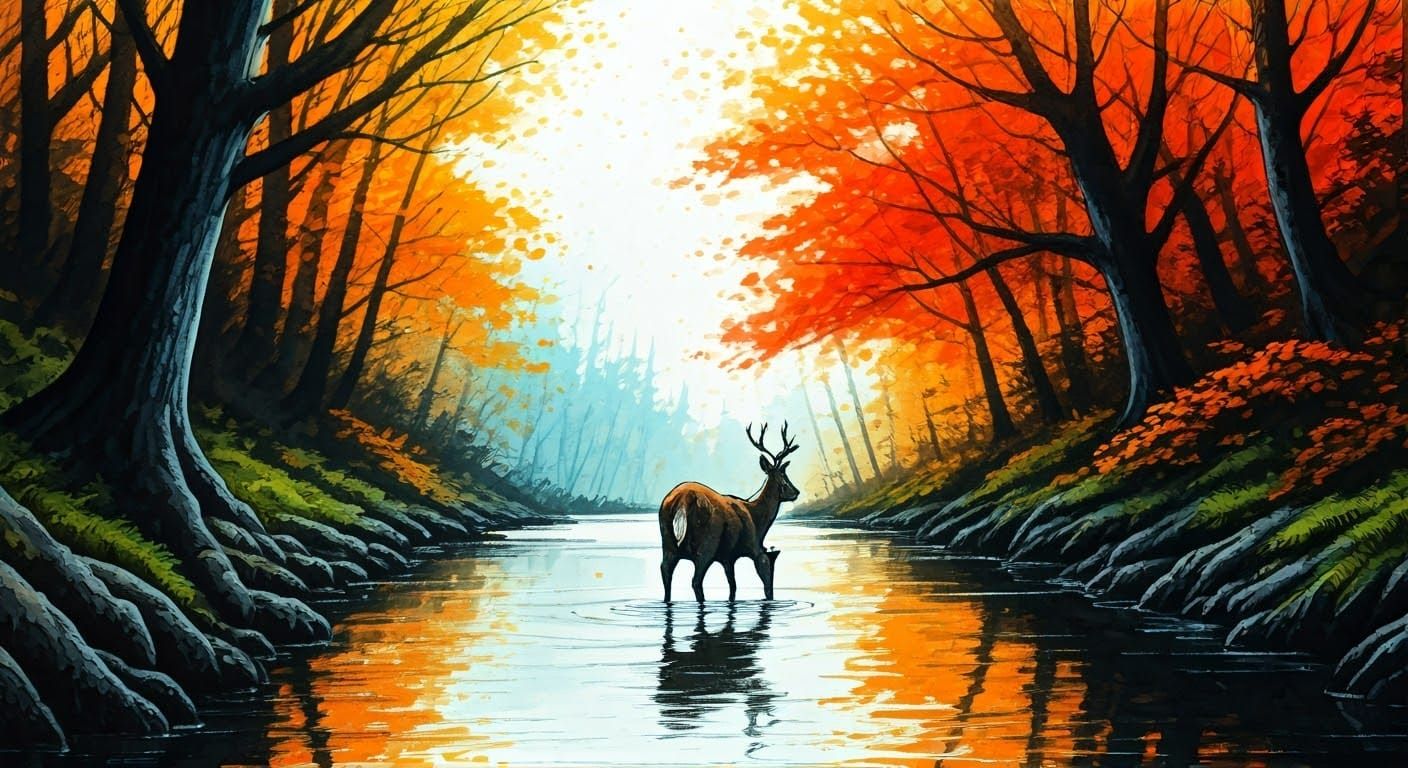 Deer Drinking in Autumn Forest: Ink and Watercolor