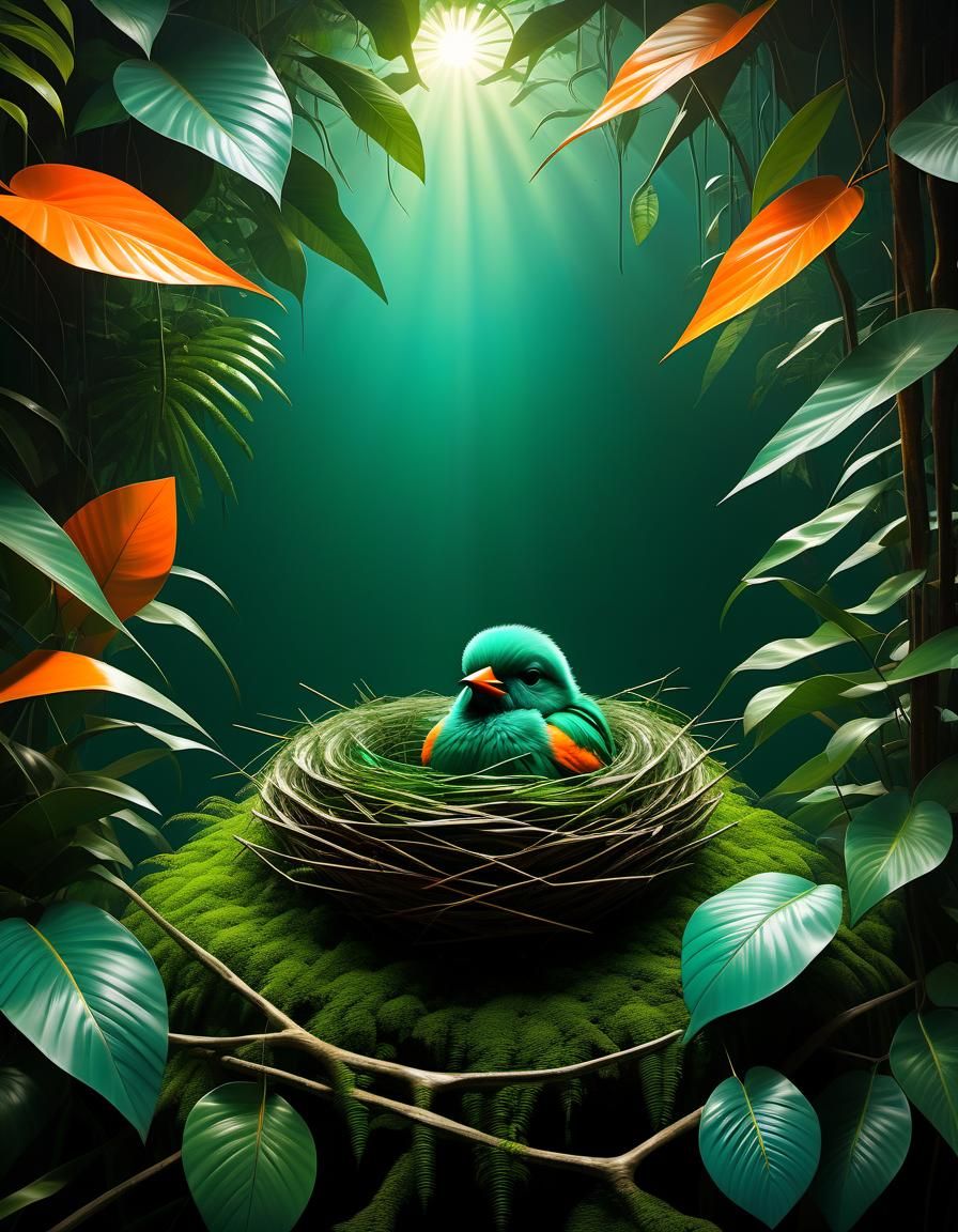 Rainforest Bird Nest in Ethereal Geometric Art