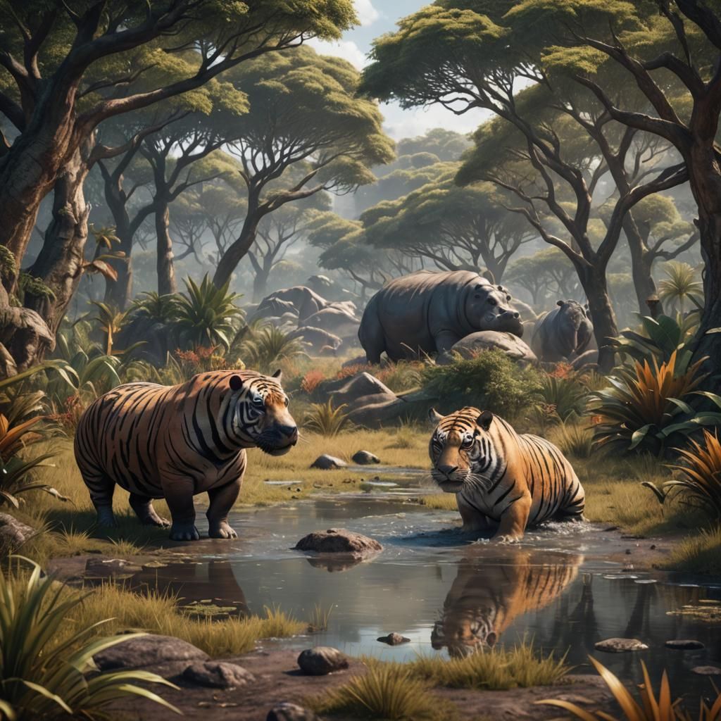 Hippo Tiger Hybrid Roams the Savanna