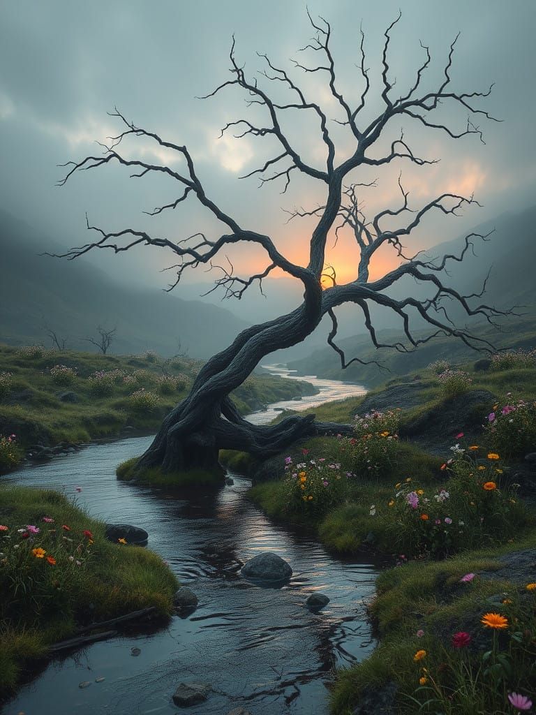 Ethereal Twilight on a Windswept Stream