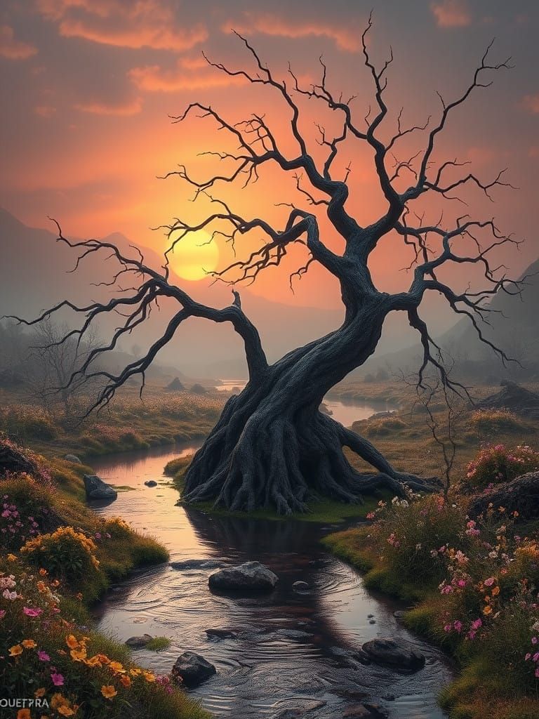 Twisted Tree in Haunting Sunset Landscape