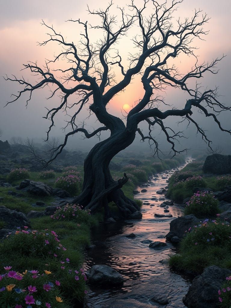 Twisted Tree Silhouette in Ethereal Landscape