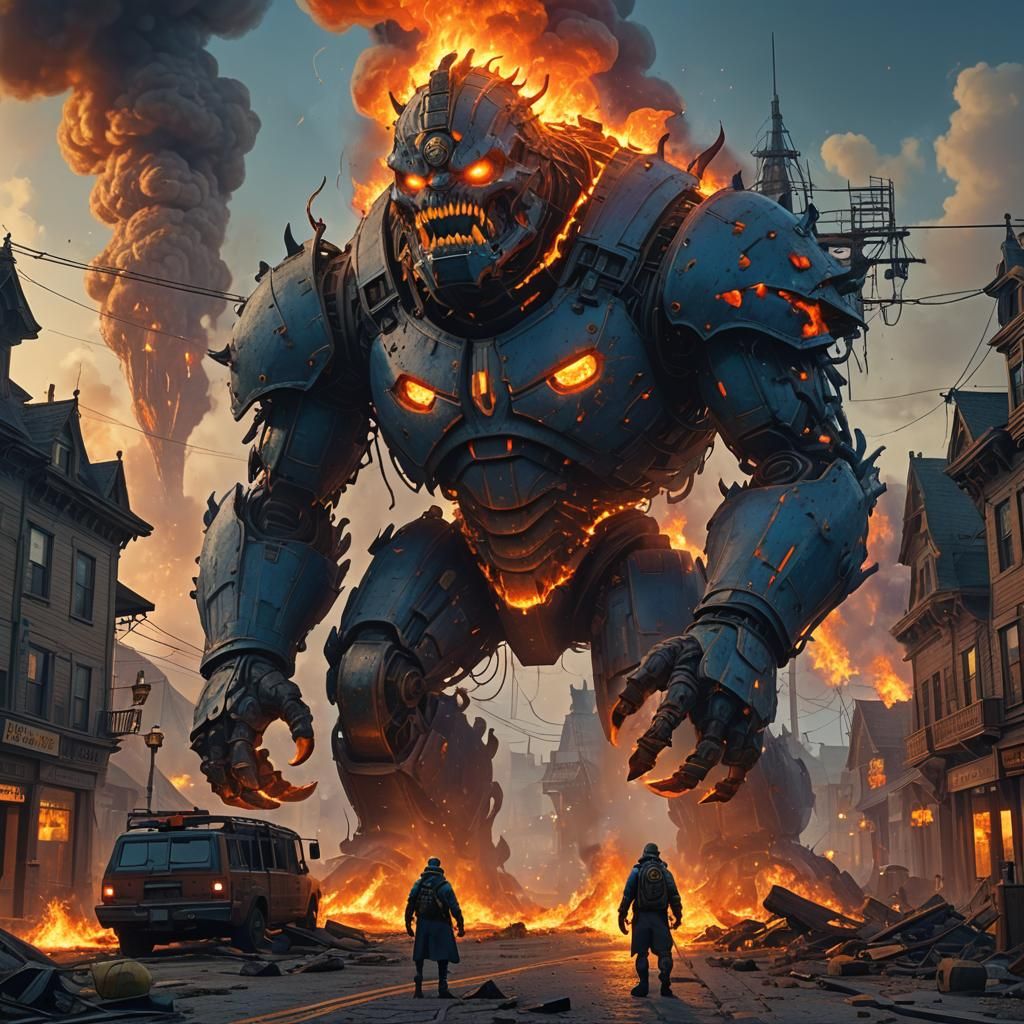Fiery Golem Devouring a Fantasy City