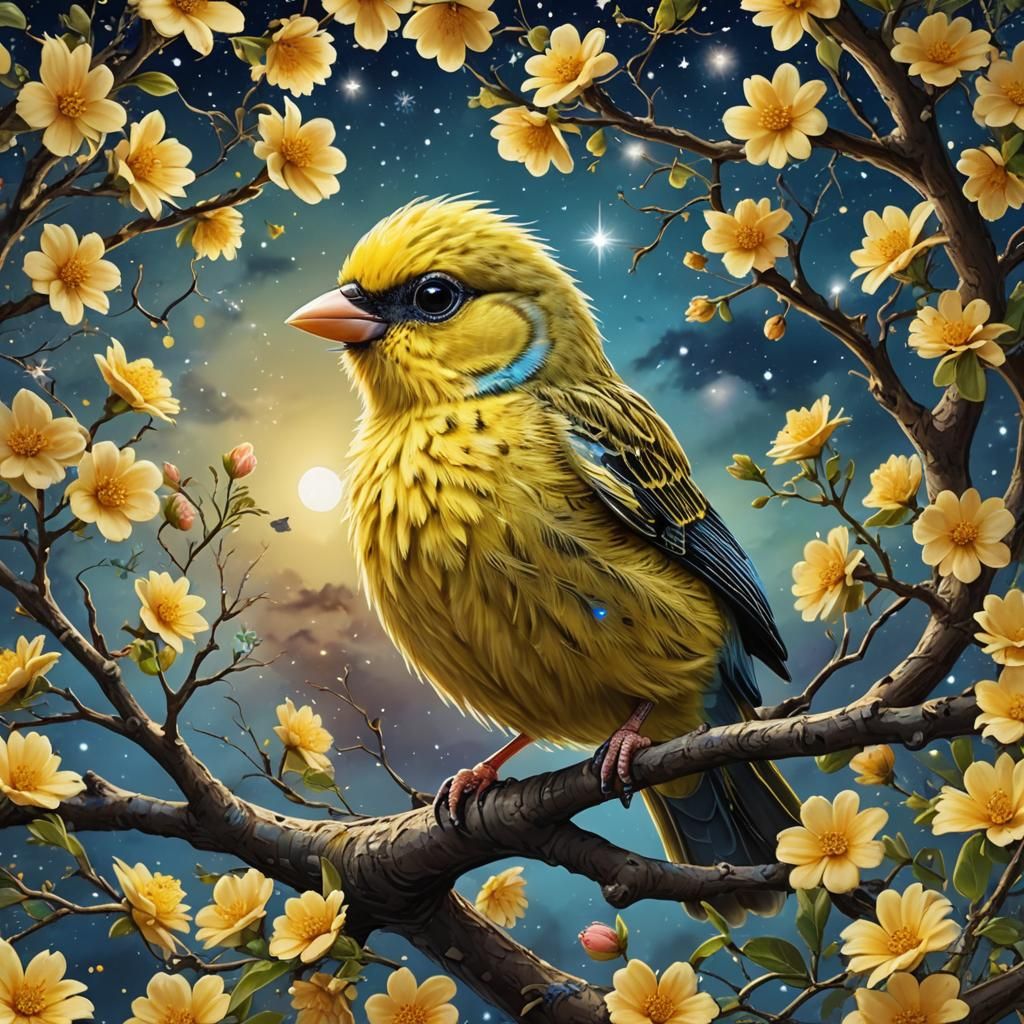 Fluffy Canary in Starry Floral Tree