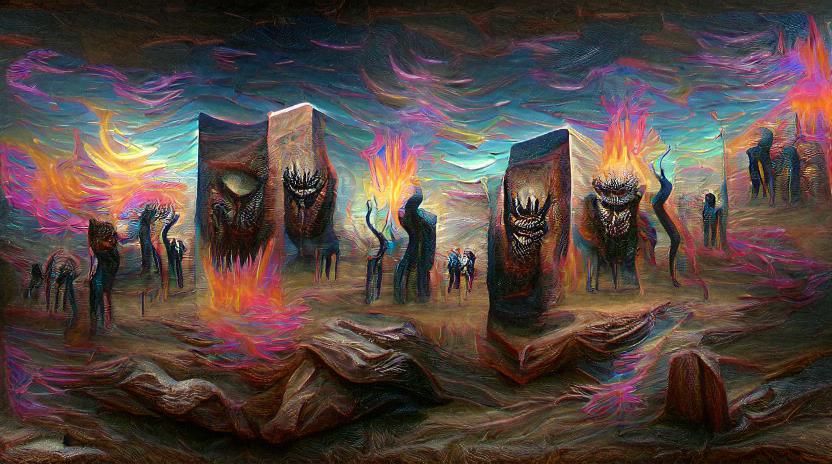 Demons Dancing Around Fire in Desert Monolith