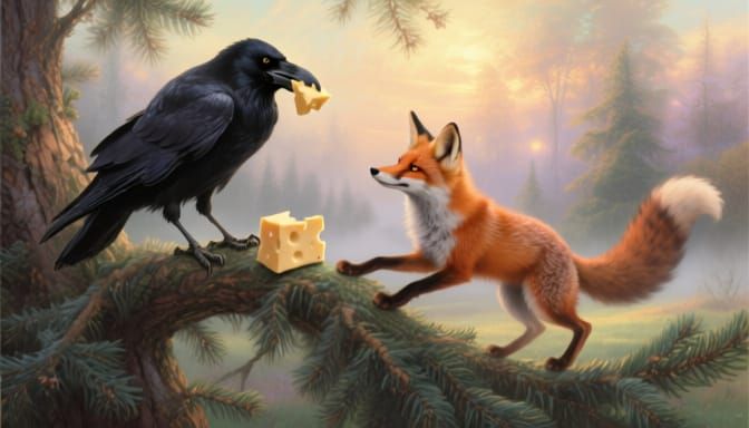 Crow with Cheese and Fox in Ethereal Fantasy Style