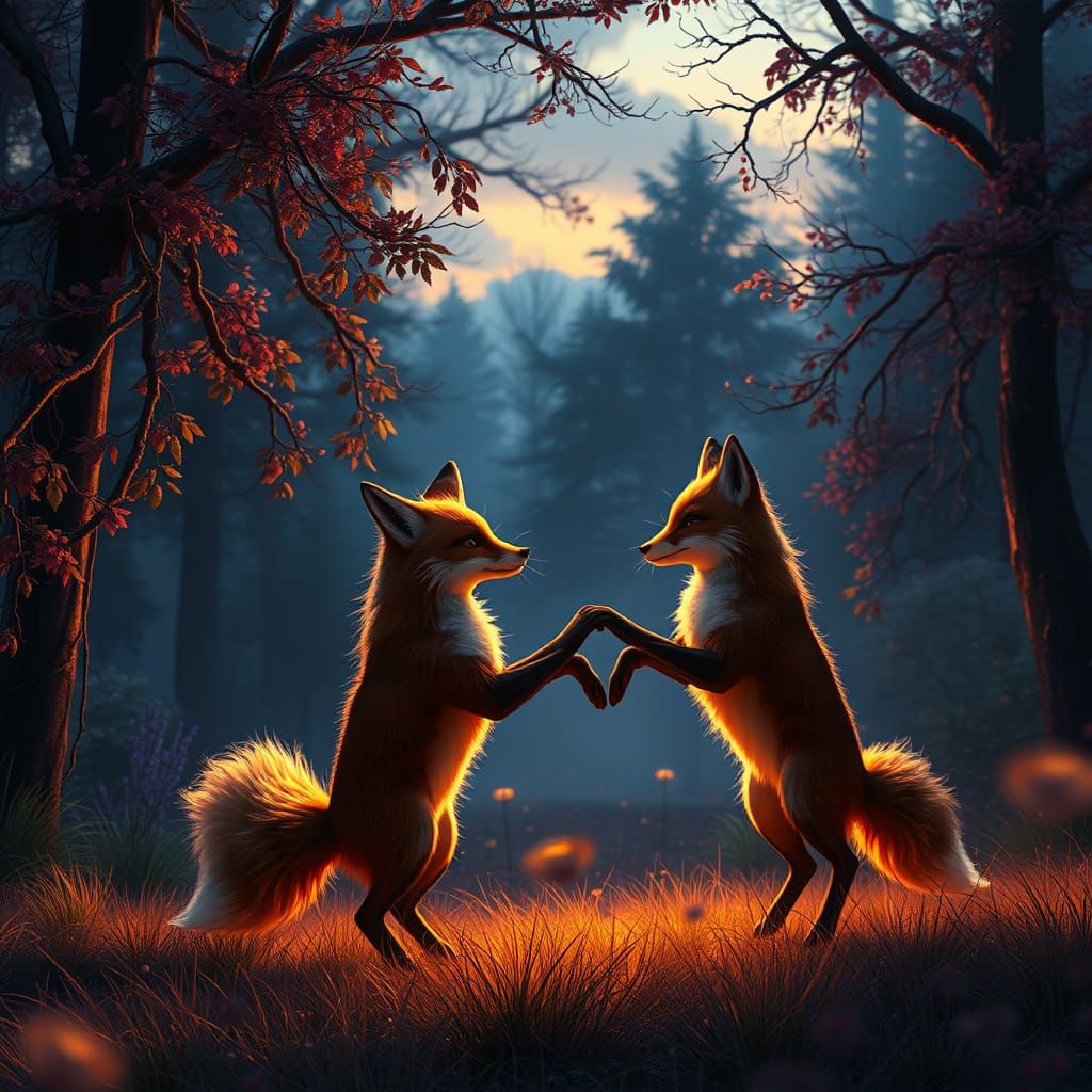 A detailed matte painting of foxes dancing at twilight in a ...