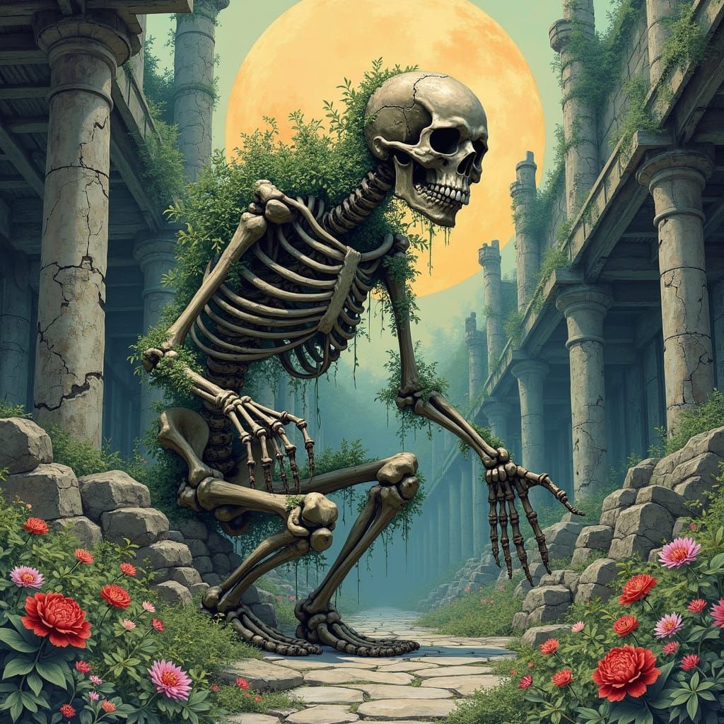 An ancient skeleton with vegetation and flowers growing from...