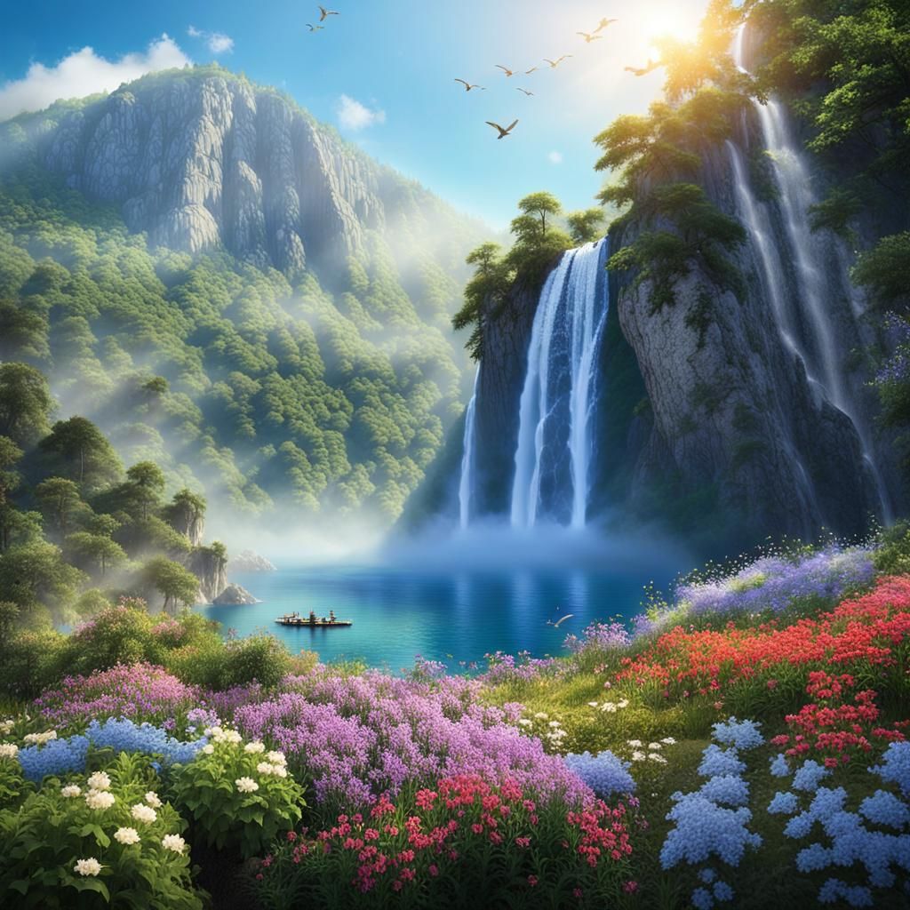 Mountain Waterfall Landscape in Oil Painting Style