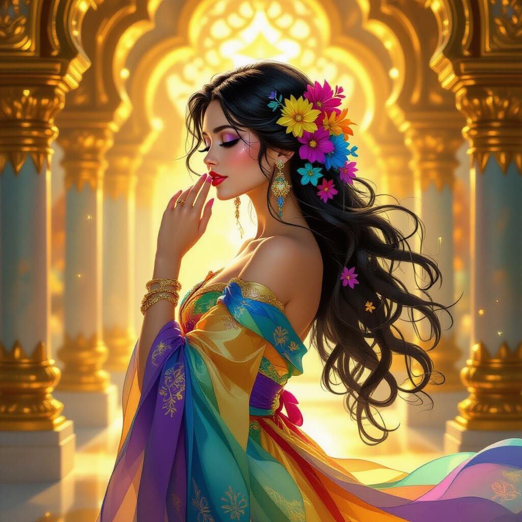 Enchanting Lady in Glowing Dress in Golden Temple