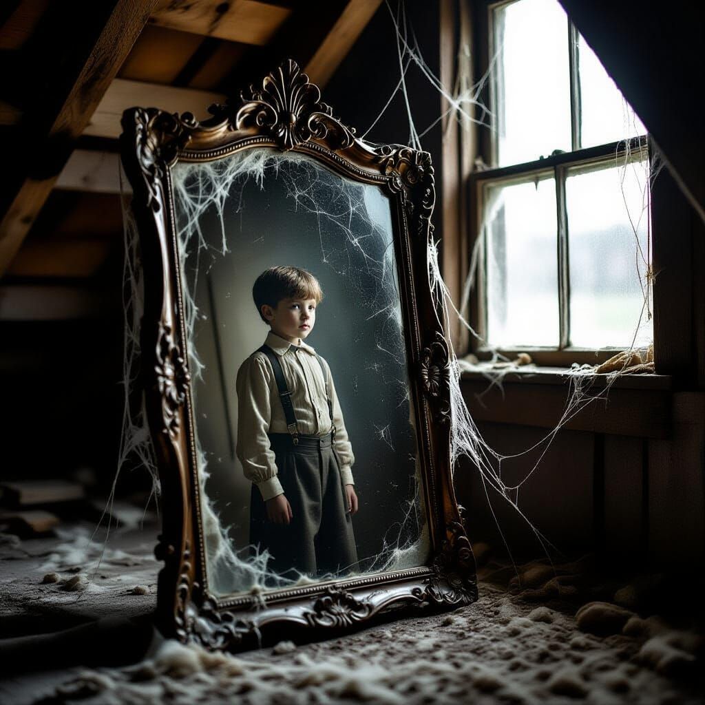 Ghostly Boy Reflection in Antique Attic Mirror