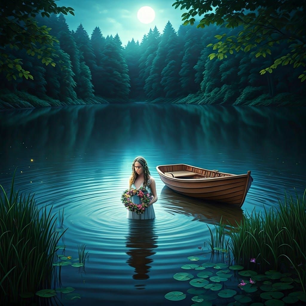 Enchanting Moonlit Lake Scene with Woman and Boat
