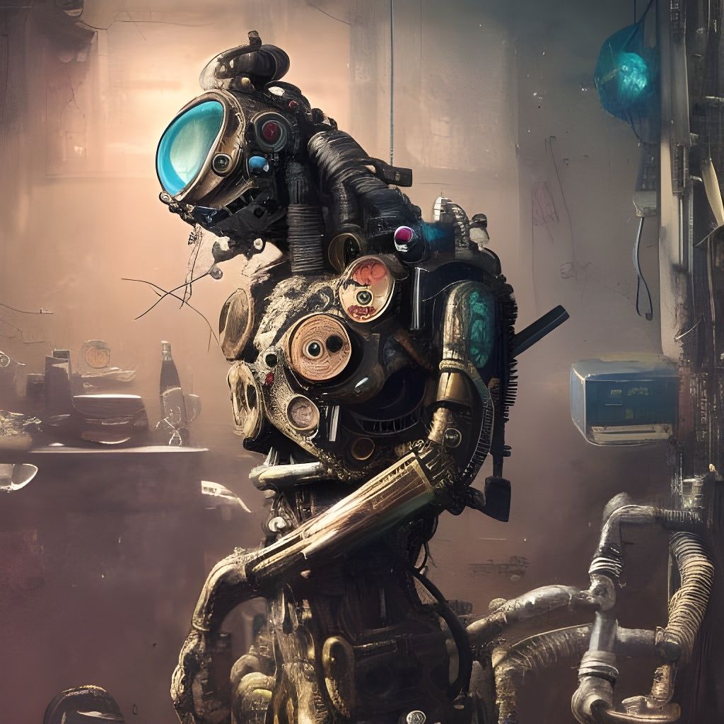 Hyperrealistic Tattooed Robot Portrait in Workshop