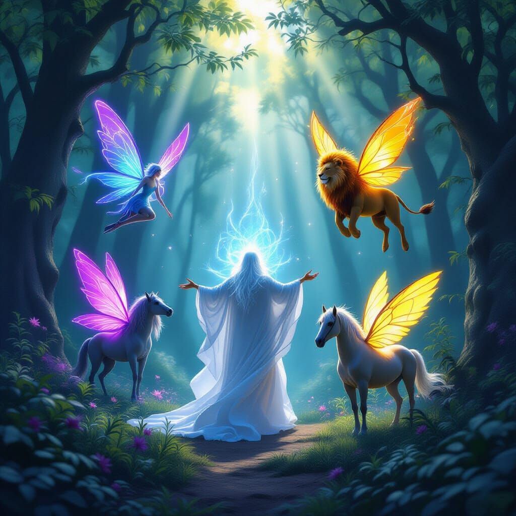 Ethereal Spirit Passing Neon Rays in Enchanted Forest