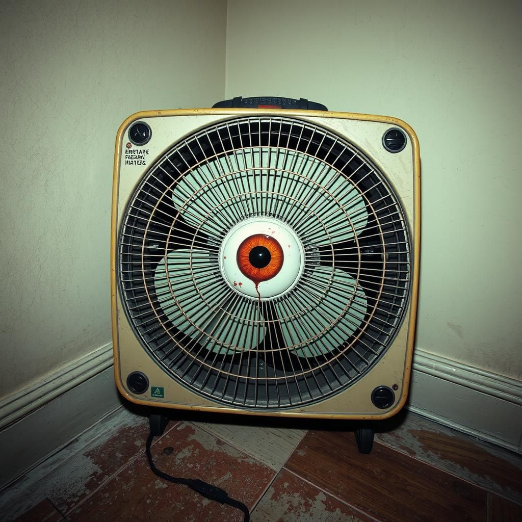 Menacing Eyeball Box Fan in Early 2000s Horror Style