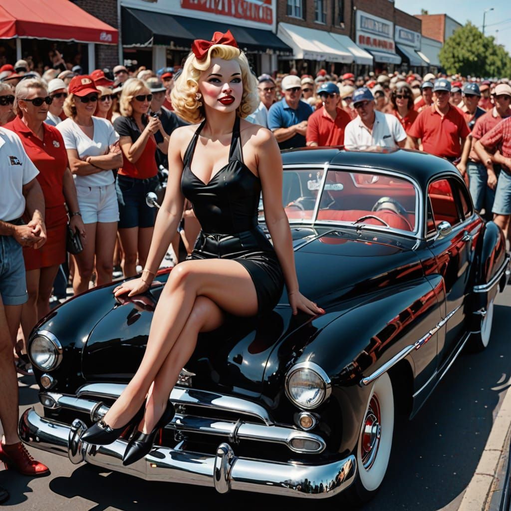 Glamorous Pinup Sits on Hot Rod in Adoring Crowd, in Vintage...