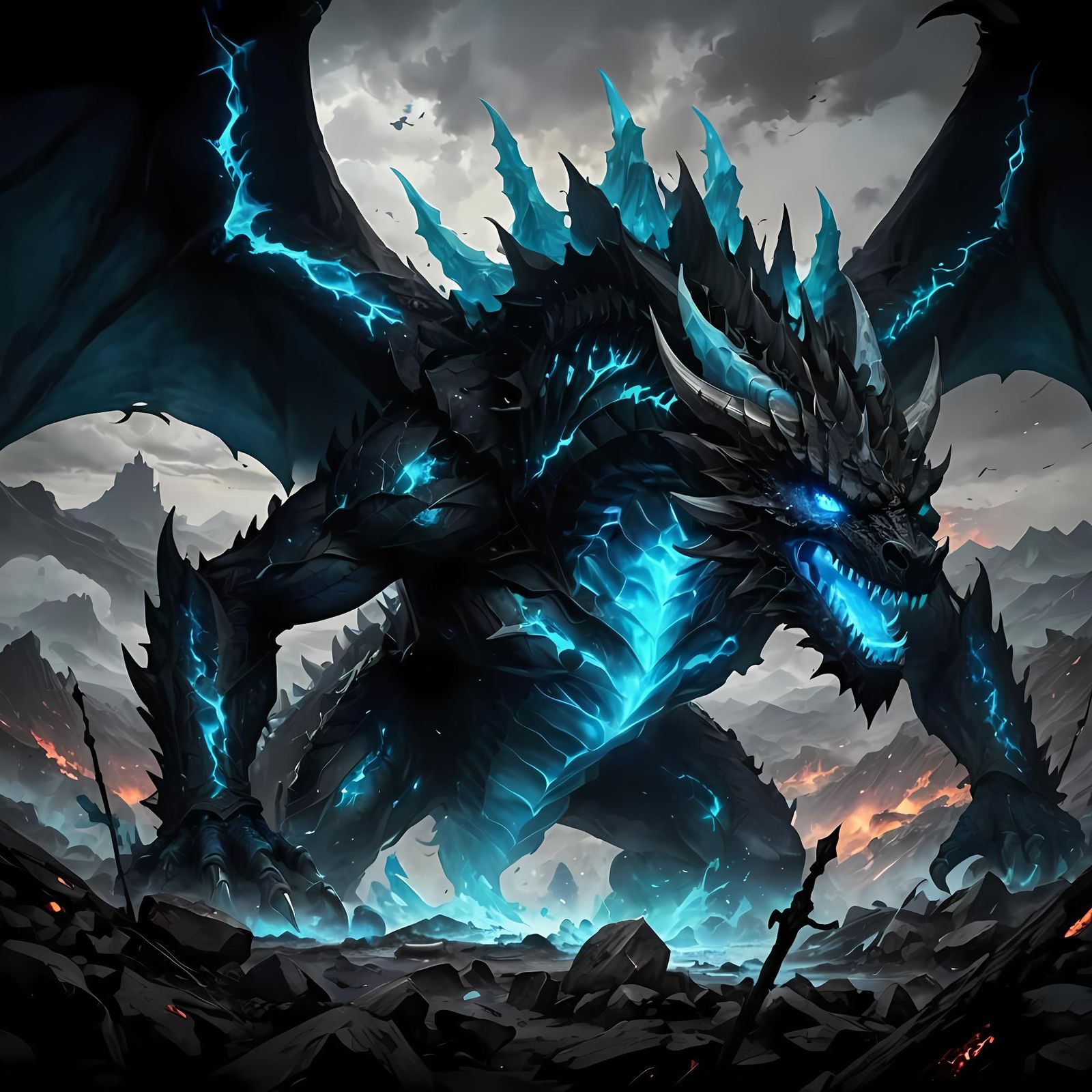 Cyan Dragon Melts Desolated Battlefield: Anime Artwork