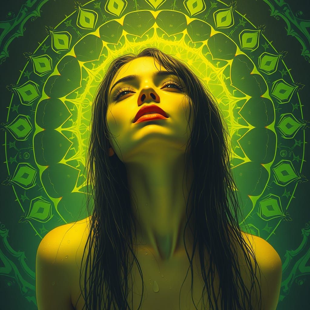 Woman in Mandala with Wet Hair, Dark Futurism